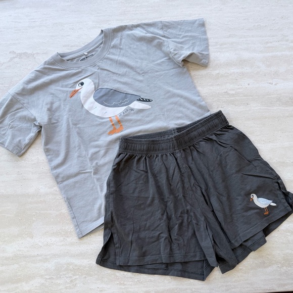 Mini Rodini Other - Mini Rodini Seagull Graphic Tee & Shorts Set - Light Gray & Charcoal